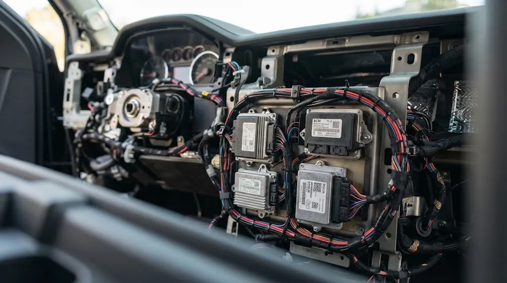 Close-up of vehicle electronic control units and wiring for OBD2 architecture.