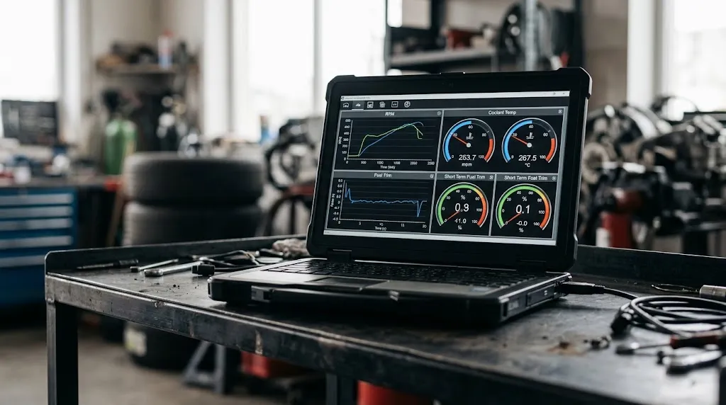 Laptop screen displaying live engine sensor data and fuel trim metrics.