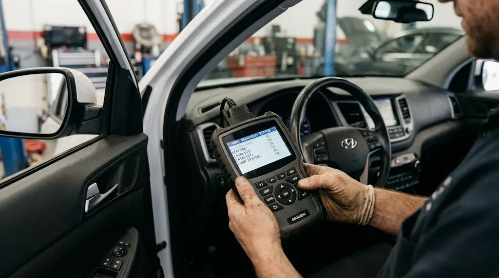 Close-up of an OBD2 diagnostic scanner showing vehicle readiness monitors during an inspection.