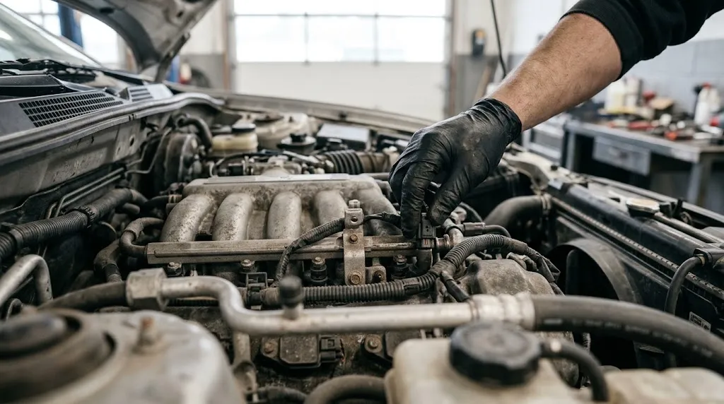 Mechanic inspecting car engine components for mechanical issues causing zero codes.