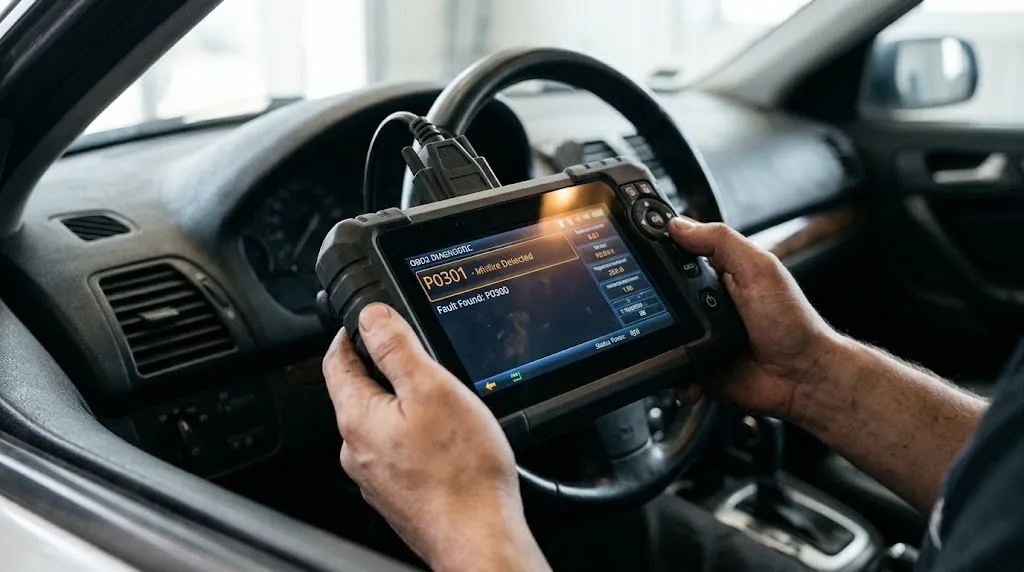 Handheld automotive OBD2 scanner displaying diagnostic trouble code information.