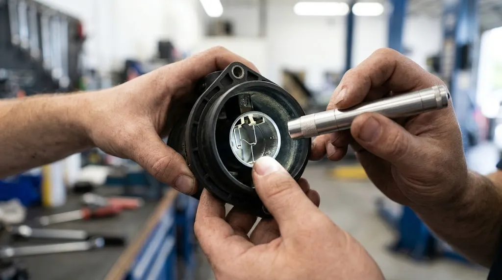 Close-up of a mechanic inspecting a dirty car mass airflow sensor.