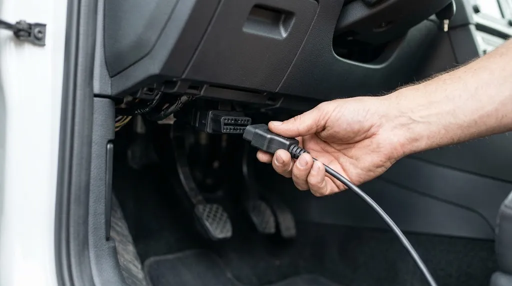 Close-up of plugging an OBD2 cable into a car dashboard port.