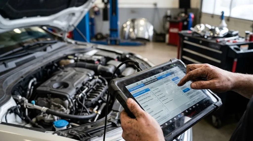 Close-up of diagnostic tablet displaying ECU coding parameter menus in a workshop.