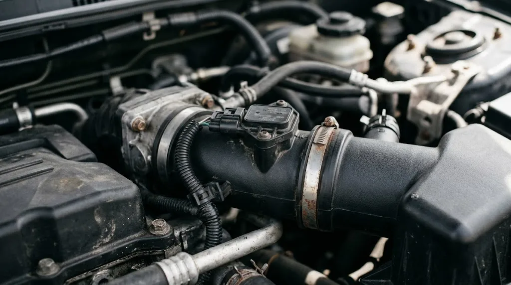 Close-up view of engine coolant temperature sensor on a thermostat housing.