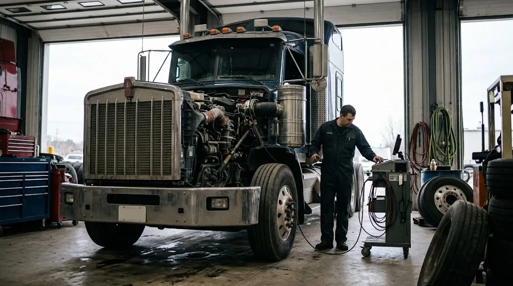 Commercial heavy-duty truck in a service garage undergoing diagnostics.