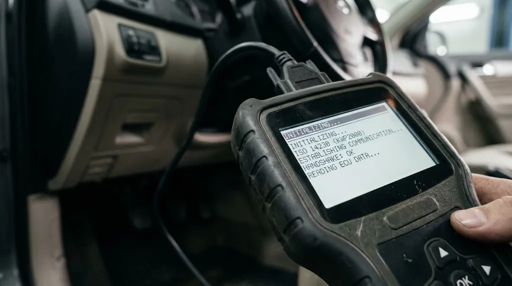 Close-up of diagnostic scanner display during a KWP2000 vehicle session startup.