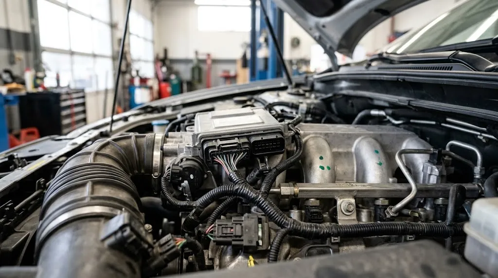 Close-up of vehicle engine bay wiring harnesses and electronic components.