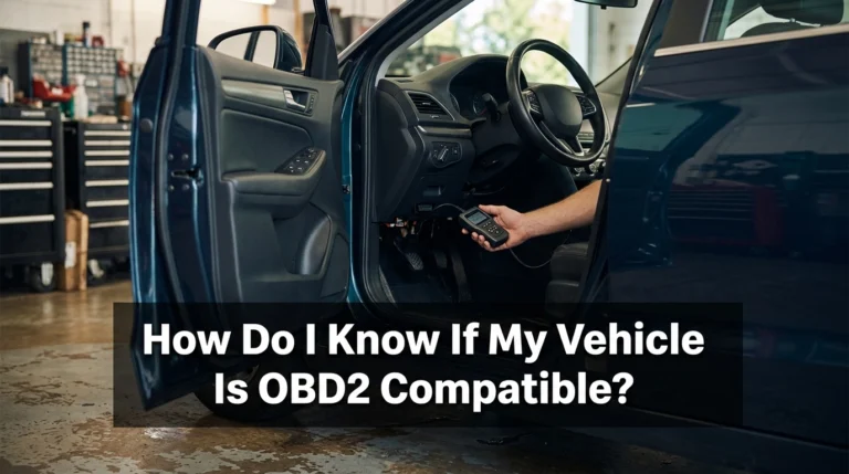 Technician checking OBD2 compatibility using a diagnostic scanner beneath a car's dashboard.