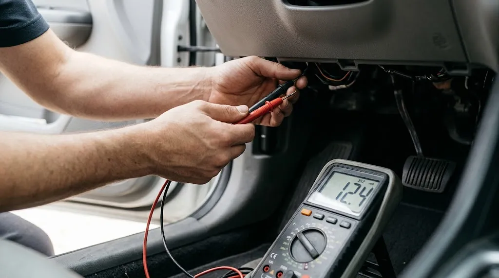 Technician using a multimeter to measure OBD2 adapter current draw.