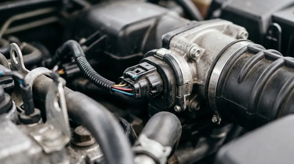 Automotive throttle body electrical connector and wiring harness under the hood.