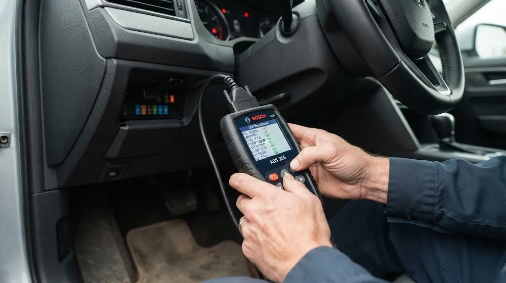 Close-up of hand holding OBD2 scanner connected to car dashboard diagnostic port.