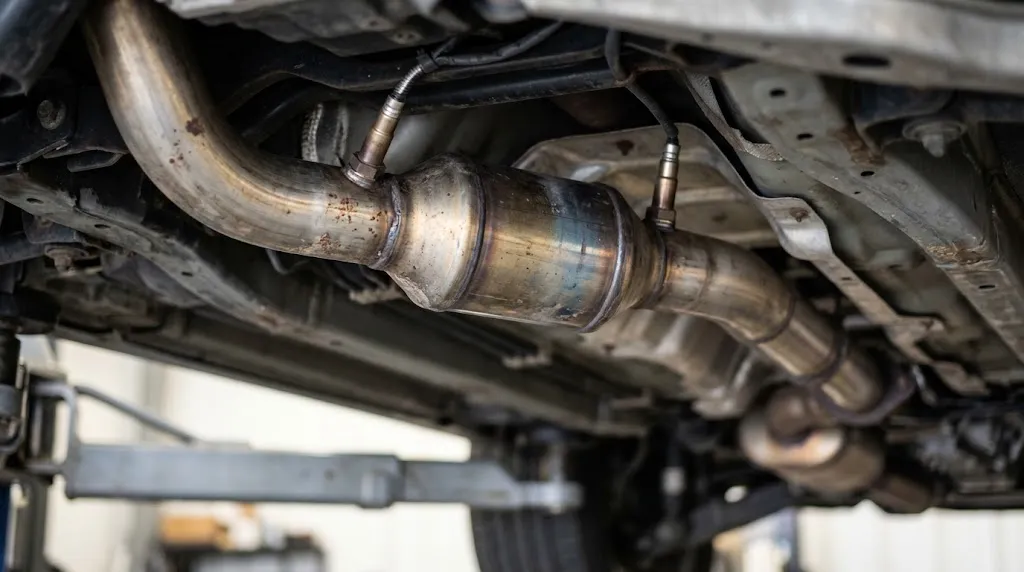 Close-up of exhaust system showing oxygen sensors and catalytic converter.