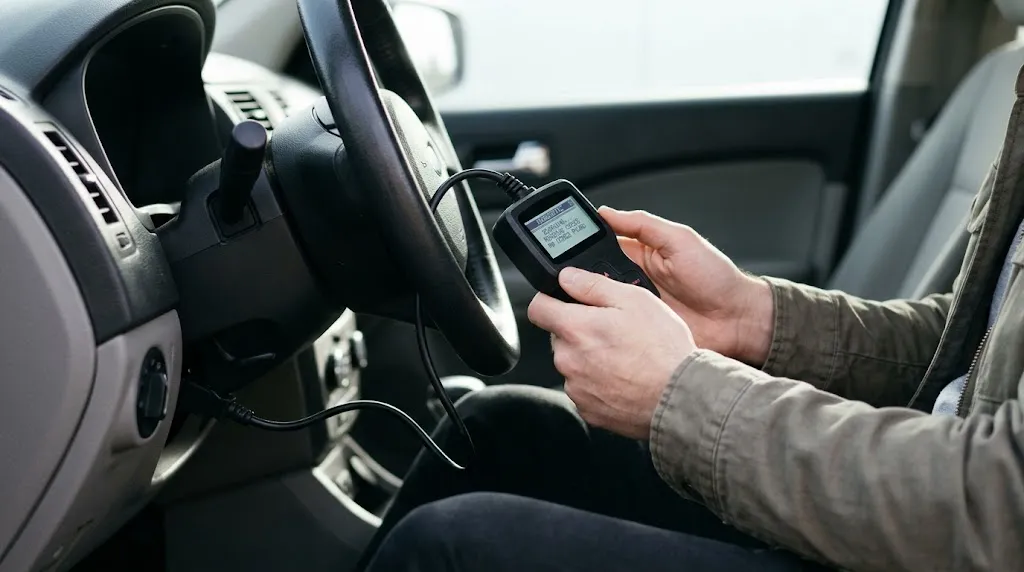 Buyer checking monitor readiness with a portable OBD2 scanner plugged into a car dashboard.