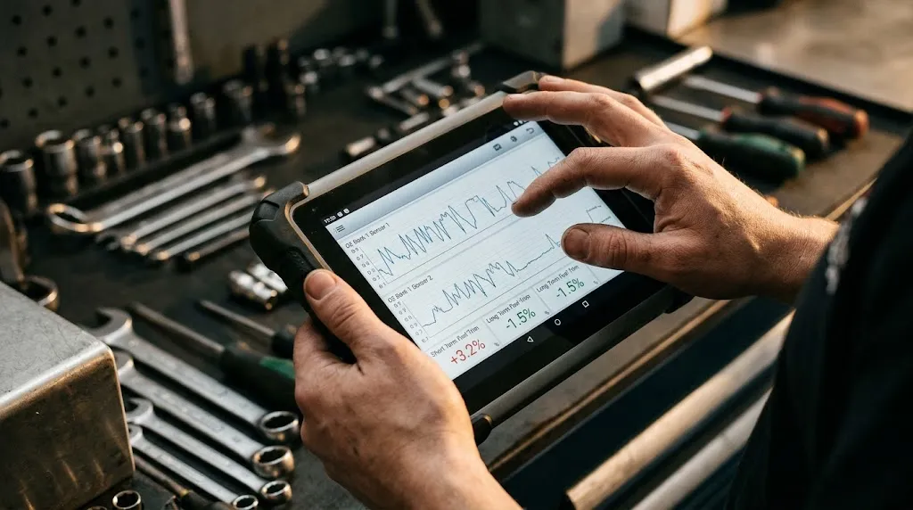 Mechanic analyzing live oxygen sensor graphs on a diagnostic tablet.
