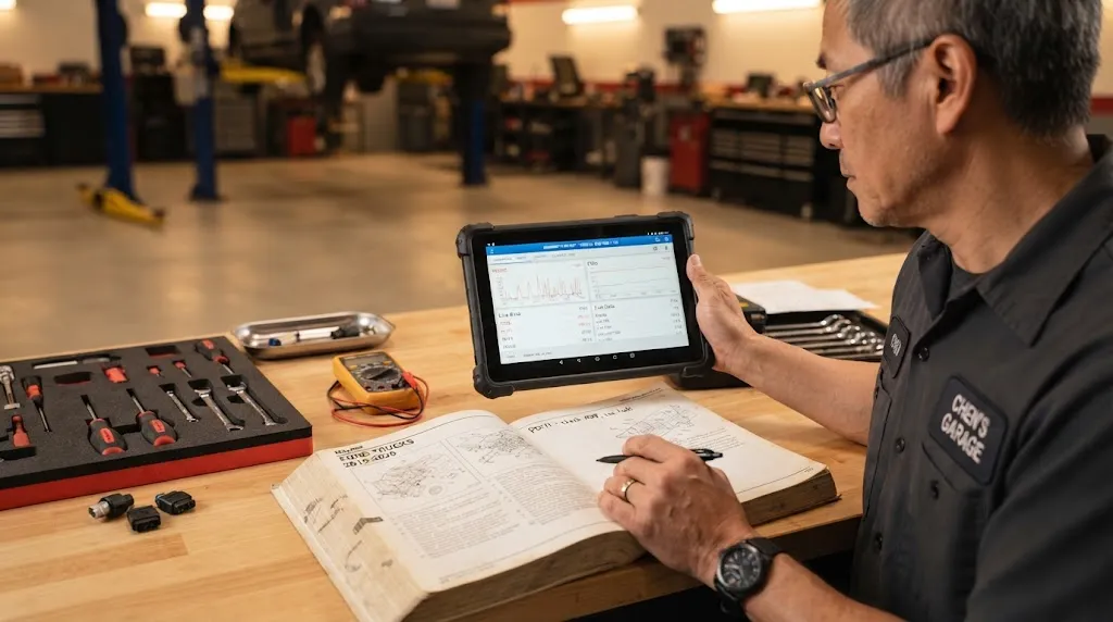 Mechanic reviewing scan tool data on a tablet to check if OBD2 readings are trustworthy.