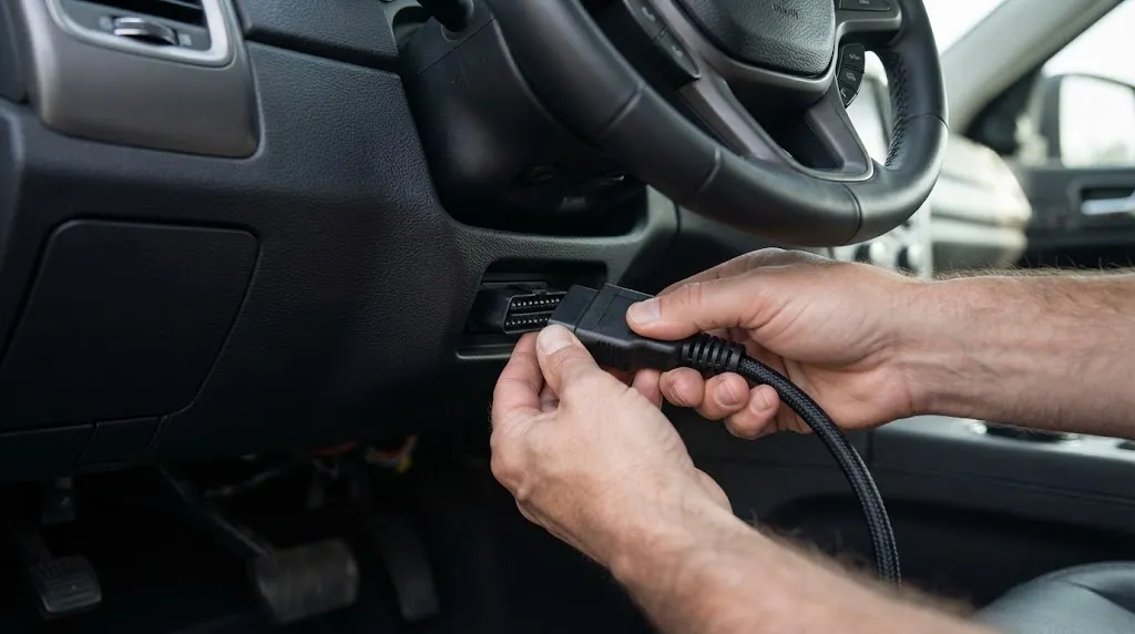 Plugging an OBD2 scanner into a car diagnostic port to check monitor readiness.