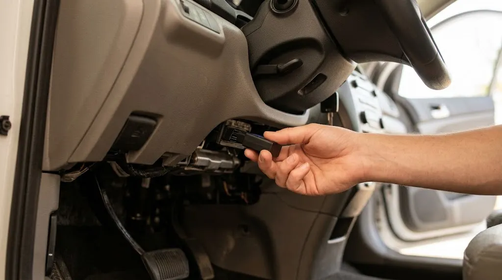 Hands unplugging an OBD2 diagnostic adapter from the car port.