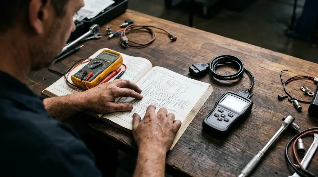Mechanic reviewing repair manuals and diagnostic tools at a workbench.