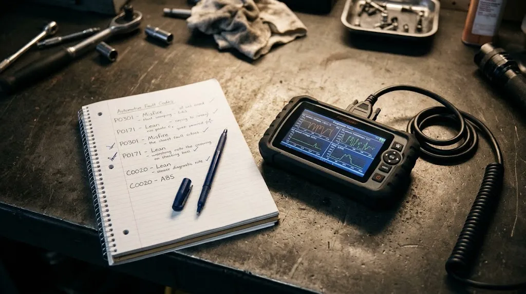 Diagnostic scanner and notepad set up for reading and recording stored fault codes.
