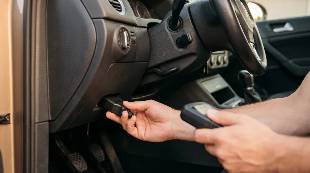 Mechanic correctly plugging in an OBD2 diagnostic tool with the ignition off.