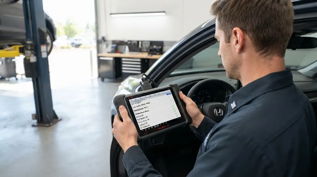 Mechanic reviewing scan tool results to check if diagnostic codes are gone.