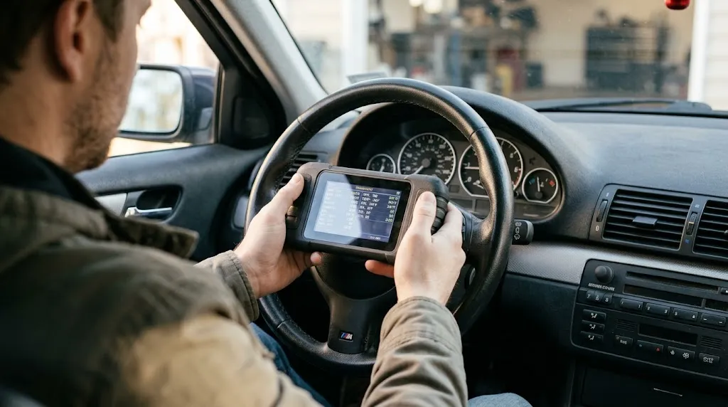 Driver checking vehicle diagnostic scanner live data inside a car.