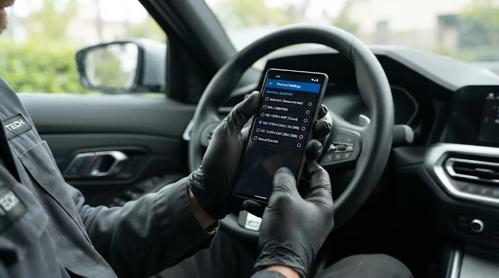 Smartphone screen showing OBD2 diagnostic app protocol settings menu.