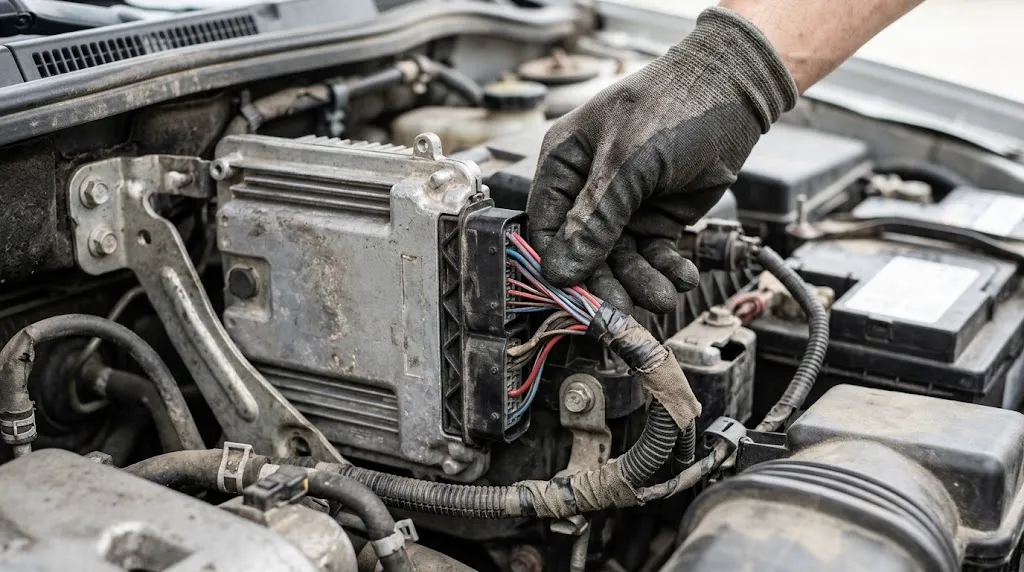 Mechanic inspecting an electronic control module and wiring harness in an engine bay.