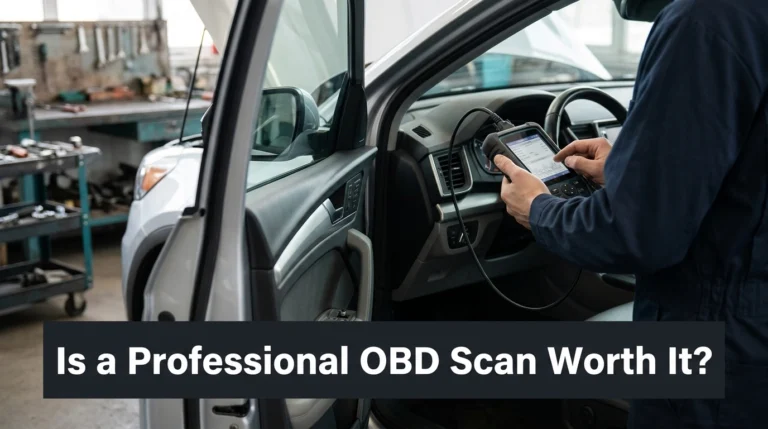 Mechanic using a professional OBD2 scanner to diagnose a modern car.
