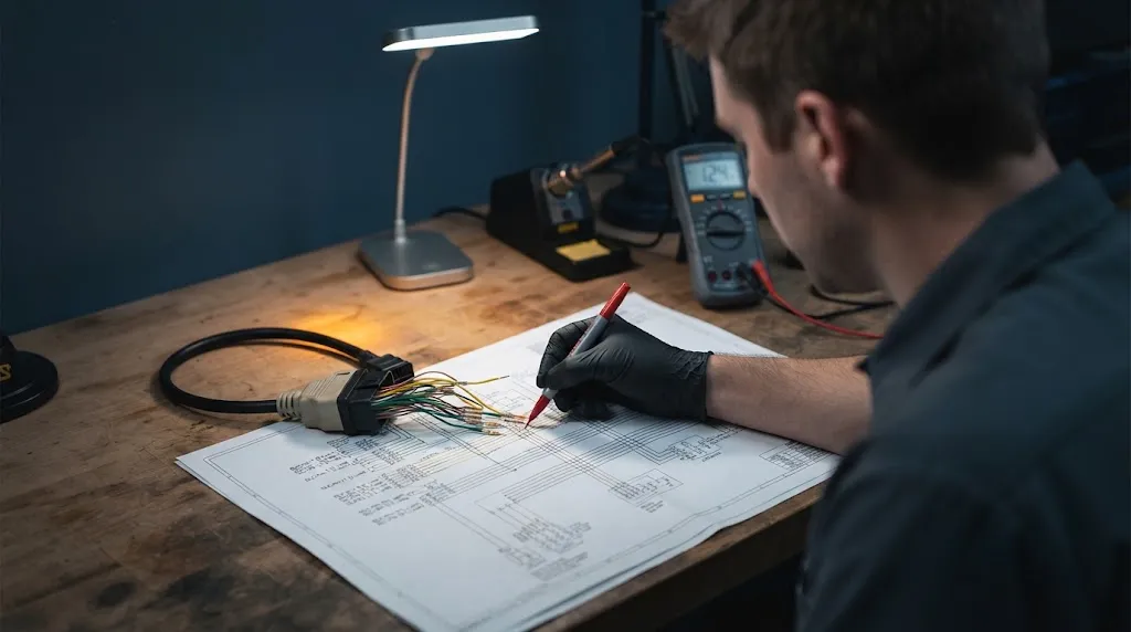 Engineer analyzing K-Line and L-Line architecture wiring for OBD-II diagnostics.