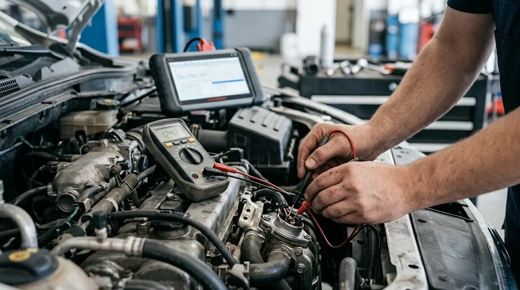 Mechanic testing vehicle sensor wiring with a multimeter during diagnostics.