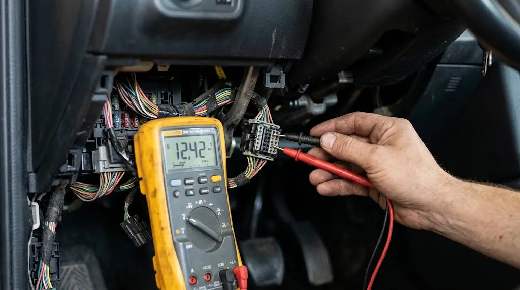Multimeter connected to vehicle wiring harness to diagnose electrical circuit faults.