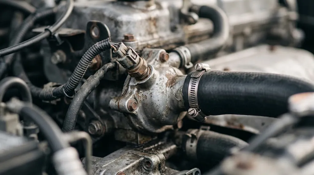 Close-up of Mass Air Flow sensor and intake manifold in a car engine bay.