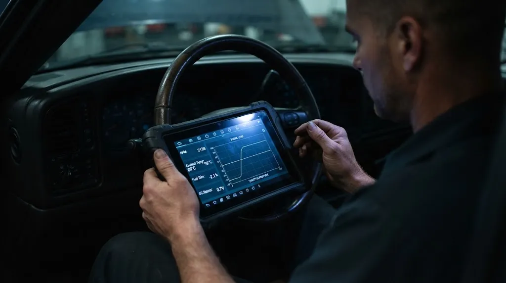 Professional technician reviewing live sensor data on advanced diagnostic tablet