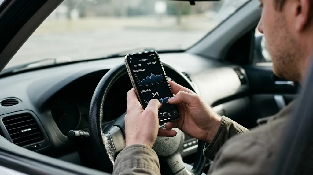 Smartphone running an OBD2 diagnostic app to monitor real-time fuel economy data.