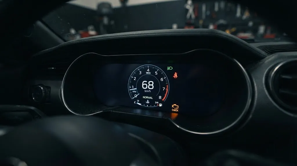 Car dashboard instrument cluster lit up with warning lights and engine metrics.