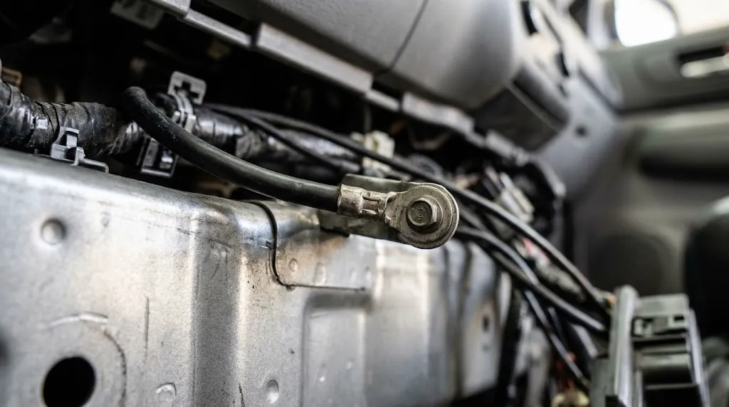 Close-up of vehicle chassis ground wire bolted to metal frame