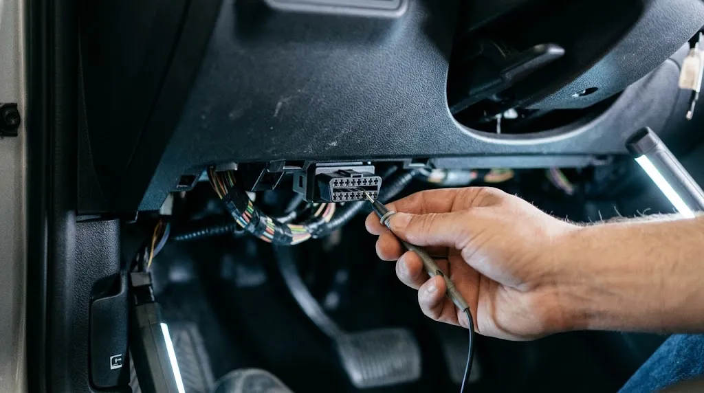 Technician checking car OBD2 diagnostic port pins under the dashboard with a multimeter.