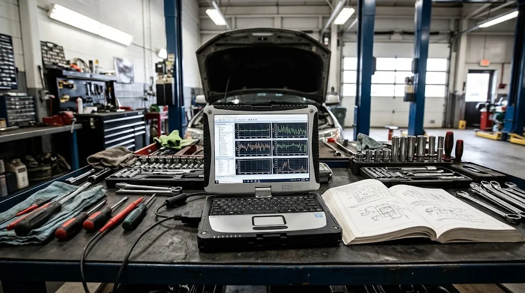 Organized diagnostic workstation prepared for a practical live-data check sequence.