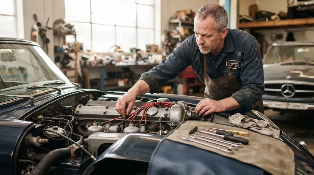 Mechanic performing a manual mechanical check under the hood of a classic car.
