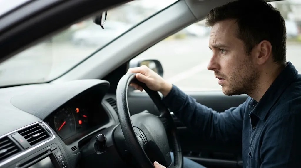 Person in a car observing an active SRS airbag warning light on the dashboard cluster.