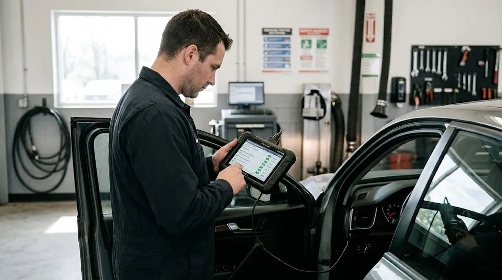 Technician checking emissions readiness monitor status during a vehicle inspection.