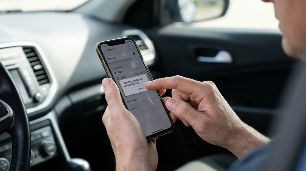 Hands holding a smartphone managing Bluetooth pairing settings to fix OBD2 connection drops.