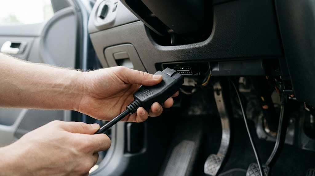 Hands safely unplugging an OBD2 scanner from the vehicle dashboard port.
