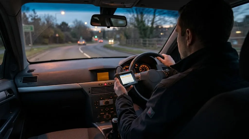 Technician performing a road test with a diagnostic scanner in hand.