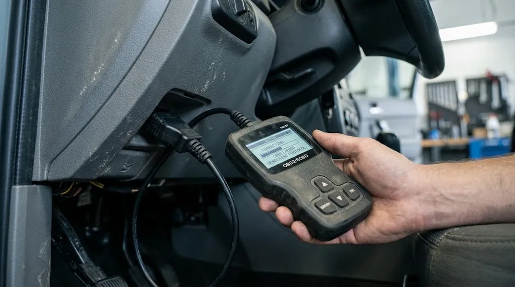 Entry-level OBD2 code reader plugged into a car dashboard port for engine diagnostics.