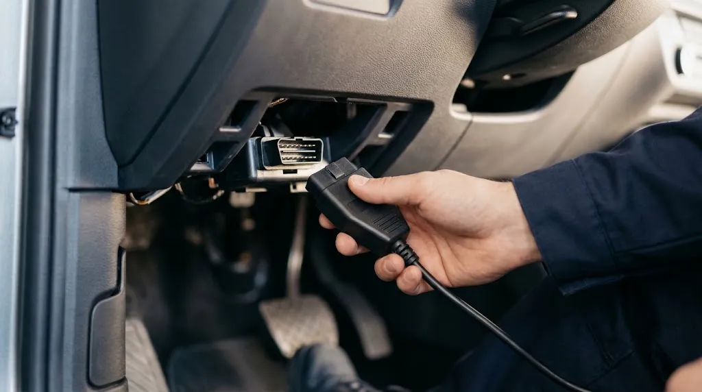 Close-up of mechanic connecting an OBD2 scanner port.