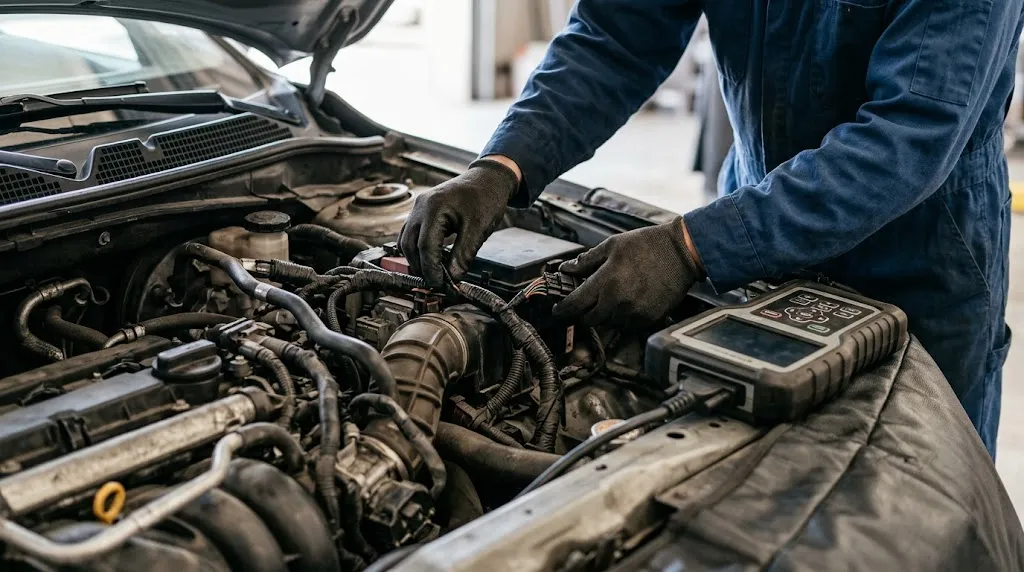 Mechanic inspecting engine bay wiring and components during step-by-step vehicle diagnostics.