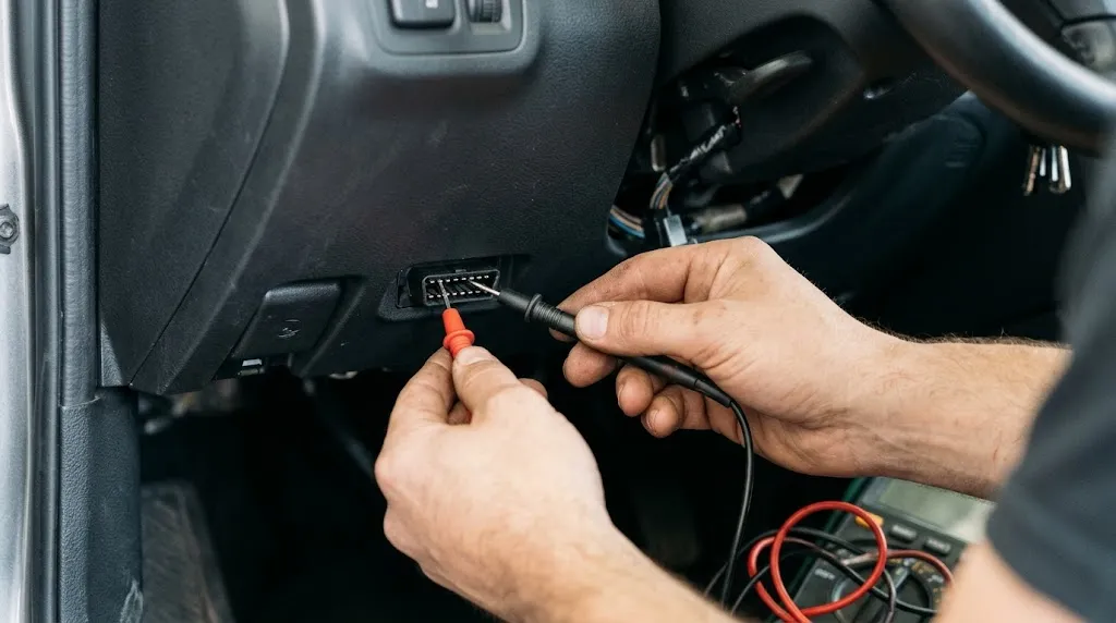 Multimeter testing power and ground pins inside a vehicle OBD2 connector.